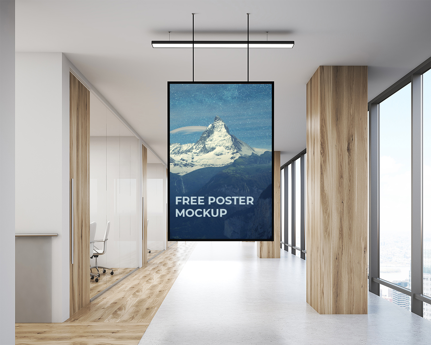 Download Office Indoor Hanging Poster Mockup Free Mockup