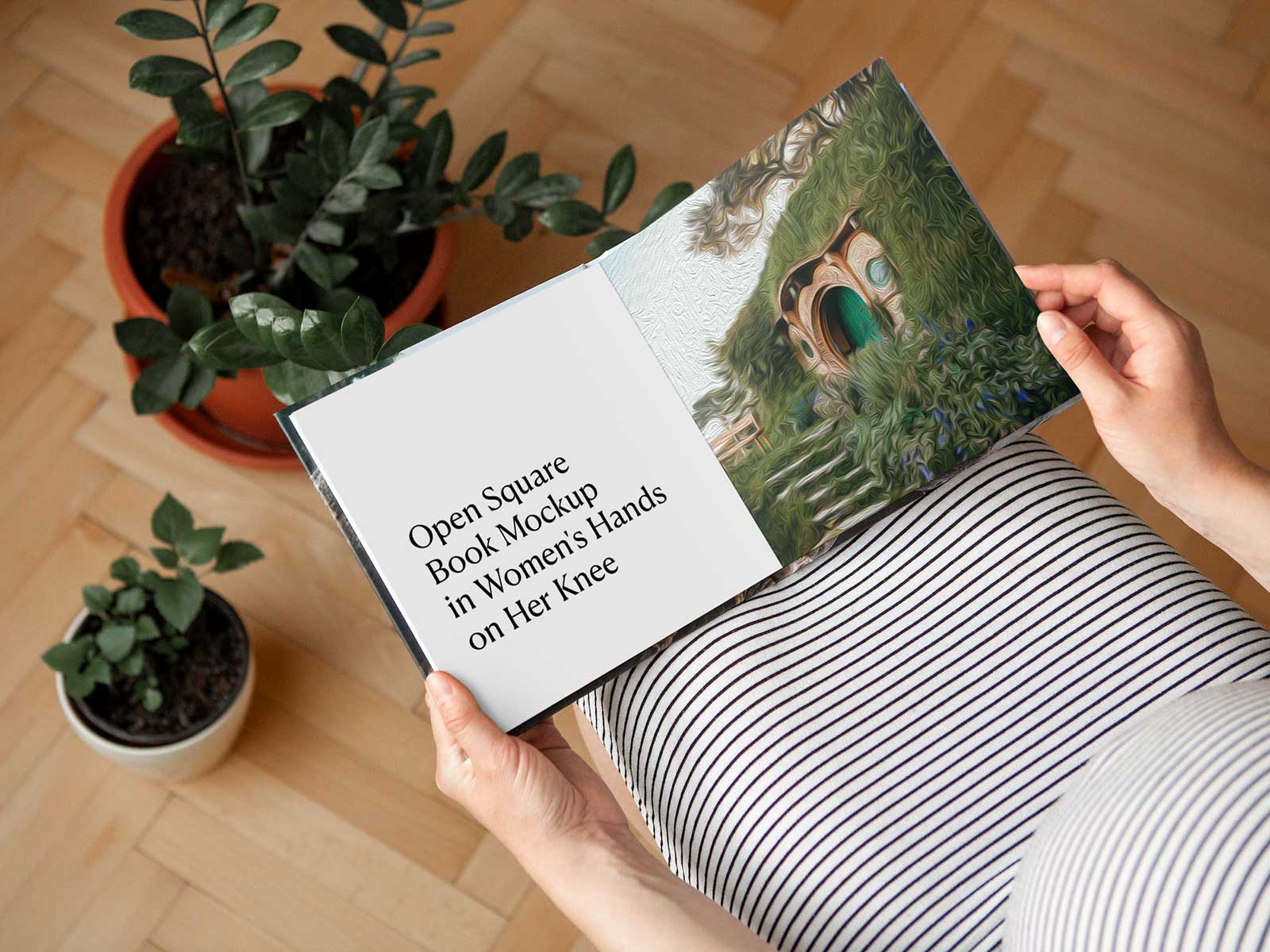 Open Square Book Mockup Held By Woman | The Free Mockup