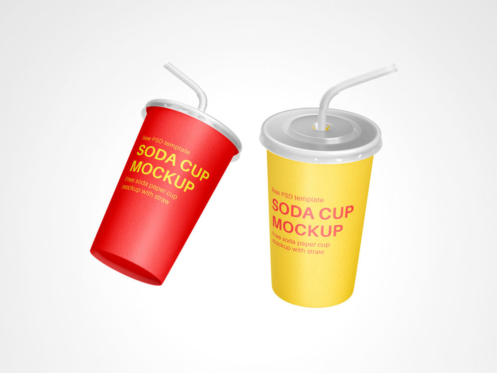 Free soda paper cup mockup with straw