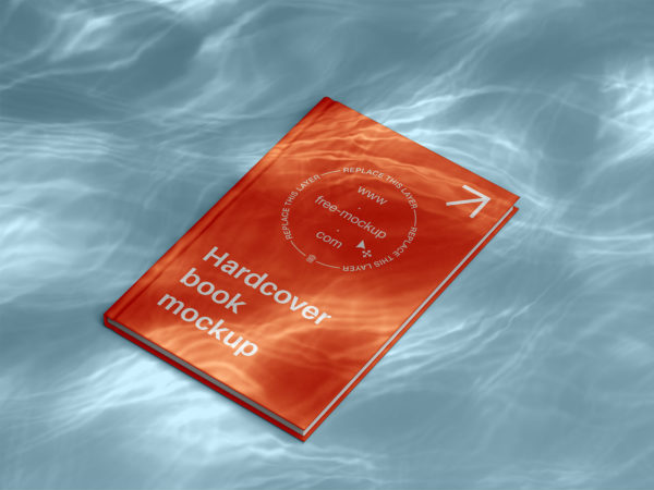 Hardcover book mockup with water refraction