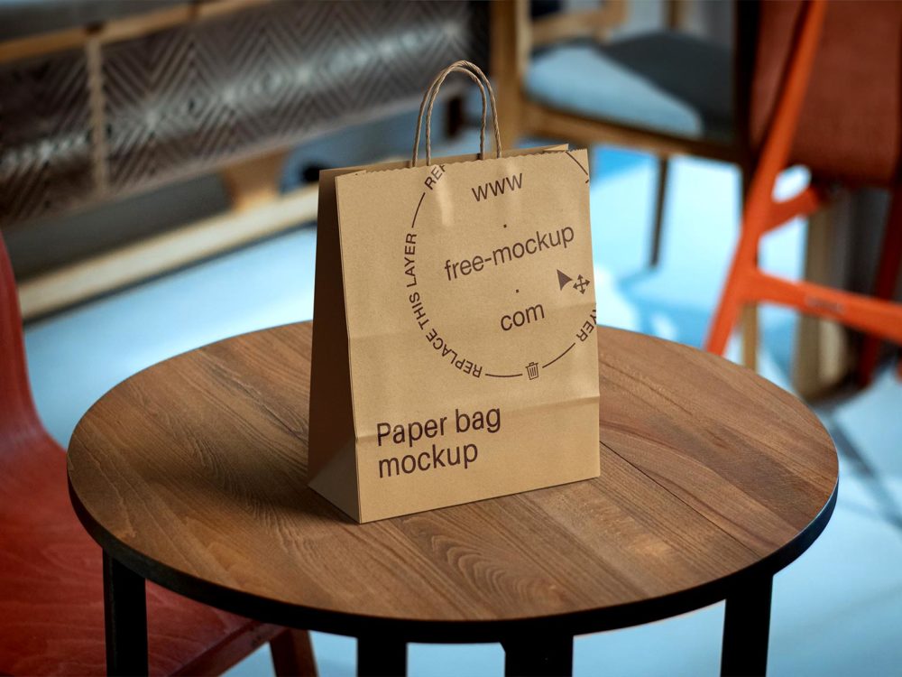 Kraft paper bag mockup on a table