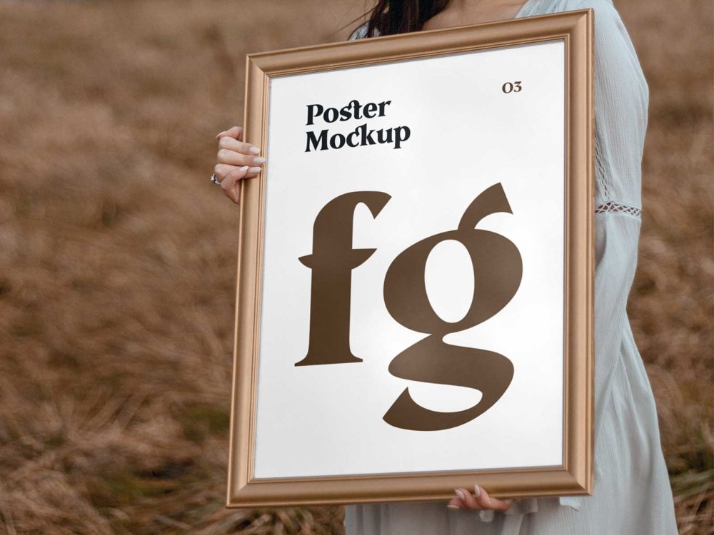 Woman holding poster frame mockup