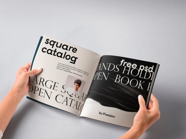 Open Square Catalog/Book Mockup in Hands