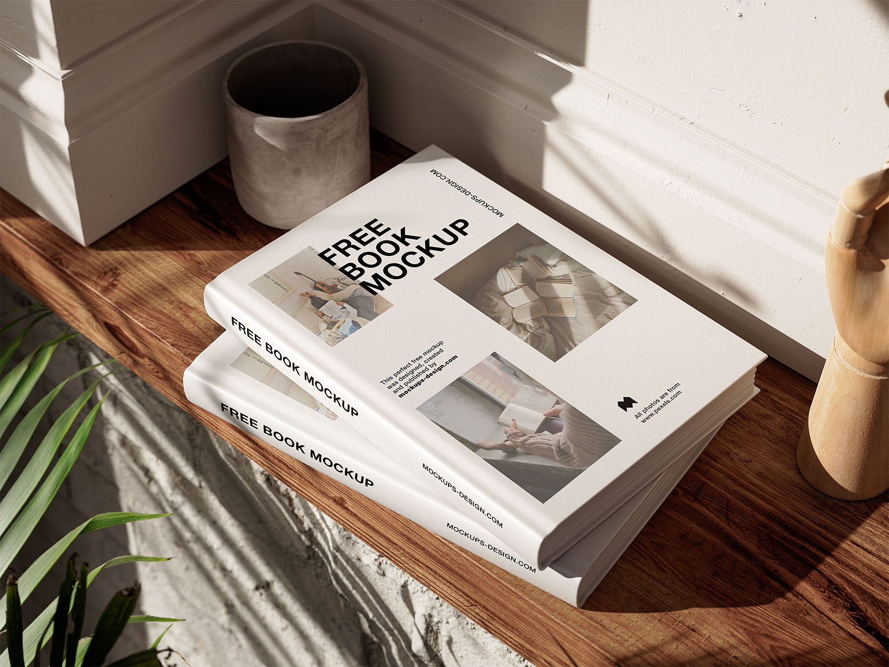 Free Mockups of Two Books on a Wooden Shelf