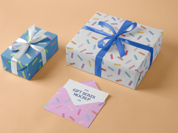 Wrapping Paper Gift Box Mockups & Greeting Card in Envelope